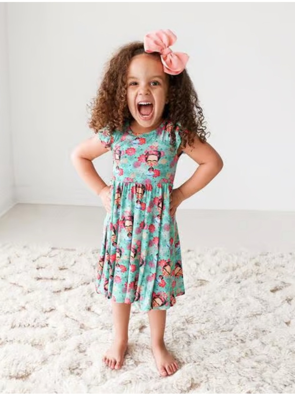 Peanut Frida Kahlo bamboo casual twirl dress featuring a blue and pink floral 9